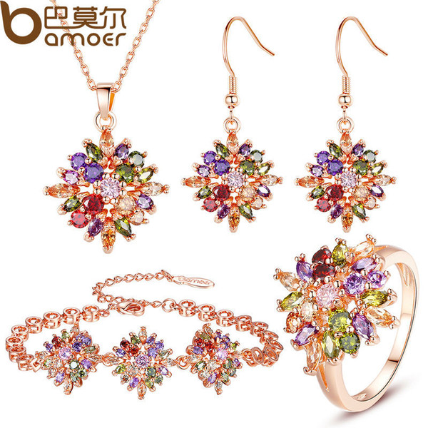 BAMOER Original 18K Gold Plated Bridal Jewelry Sets with AAA Multicolor Zircon Stone Women Luxury Wedding Bijoux ZH044