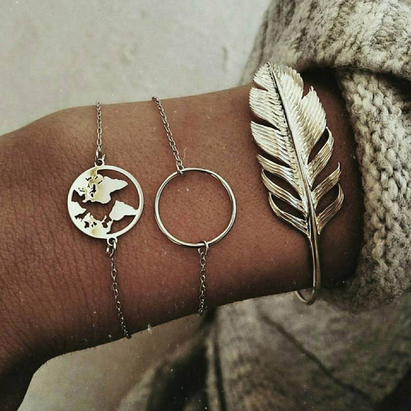 New Pattern Earrings Retro Ancient Silver Alloy Leaf Map Circles Bracelet Bracelet Three Piece Set Bracelet