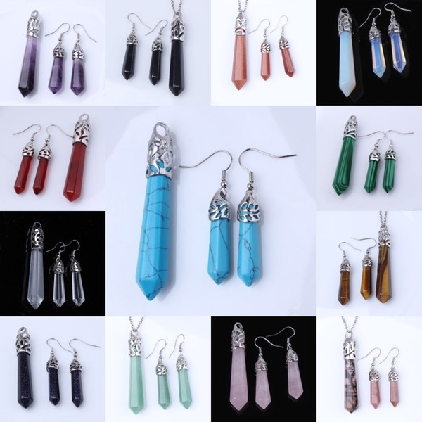 Wholesale 10Sets High Quality Silver Plated Mixed Order Quartz Stone Hexagon Column Pendant Dangle Earring Charm Jewelry