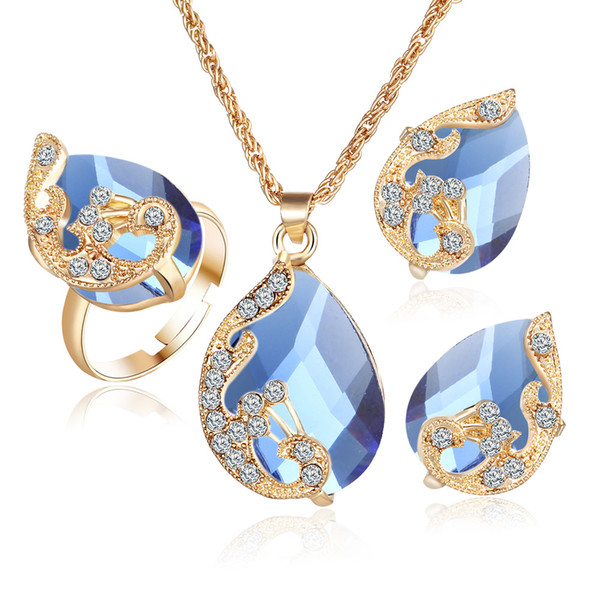 Wholesale Gold Plated Austria Crystal Drops Peacock Three Piece Kit Pendant Necklace Earrings Ring Kit Women