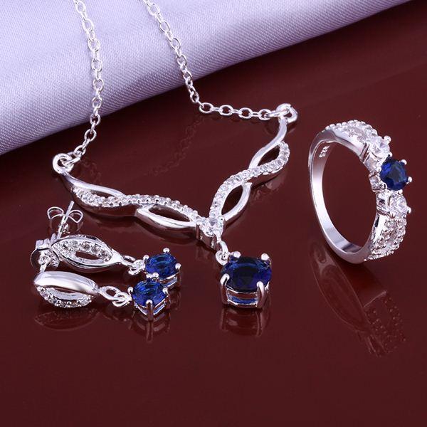 2014 New Fashion 925 Sterling Silver Jewelry Set with Blue Zircon Crystal ring earrings necklace jewelry sets for women AS639