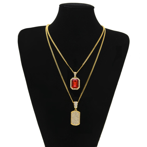 Egyptian Ankh Key of Life Bling Rhinestone Cross Pendant With Red Ruby Pendant Necklace Set Men Fashion Hip Hop Jewelry gm