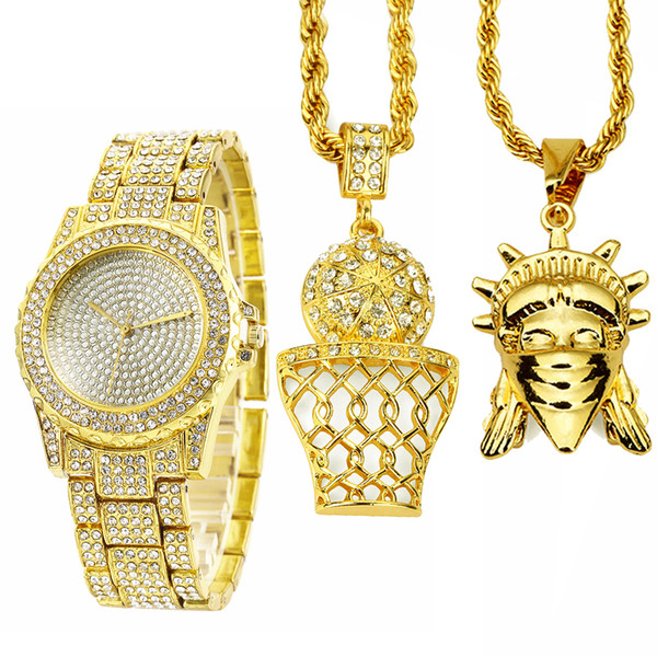 Luxury Hip Hop Iced Out Lab Cubic Zirconia Watch & Basketball Sports Statue of Liberty 2 Necklace Pendant Combo Set