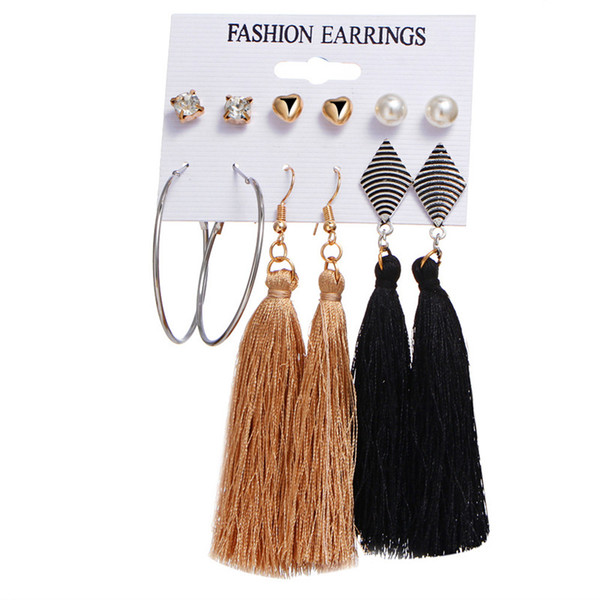 Bohemia Long Tassel Dangle Earrings Set For Women Crystal Heart Creole Earring Fabric Female Fashion 2018 New Jewelry