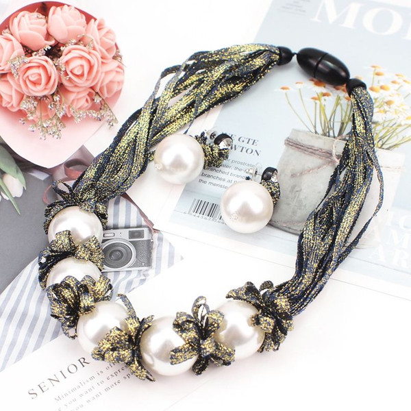 Big Imitation Pearl Necklace Set For Women Fashion Colorful Ribbon Statement Necklace Earrings Wedding Jewelry Sets