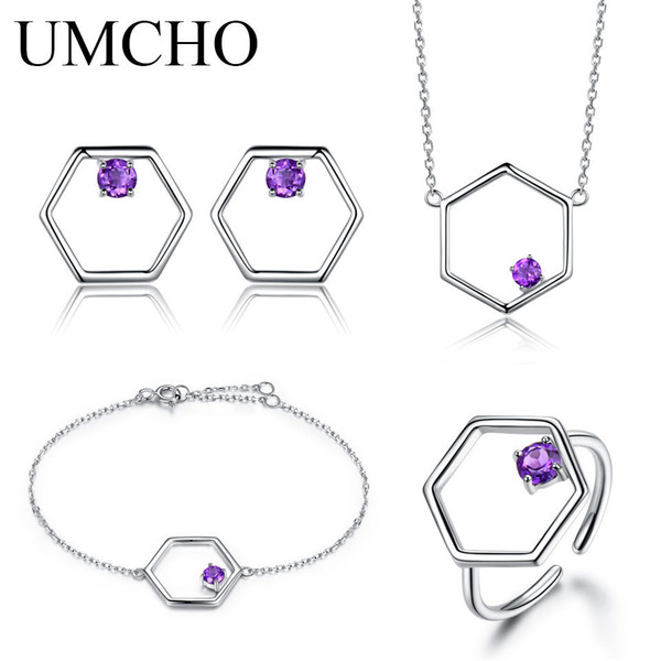 Natural Amethyst Gemstone Jewelry Set Real 925 Sterling Silver Necklace Ring Earrings Bracelet For Women Fine Jewelry haif