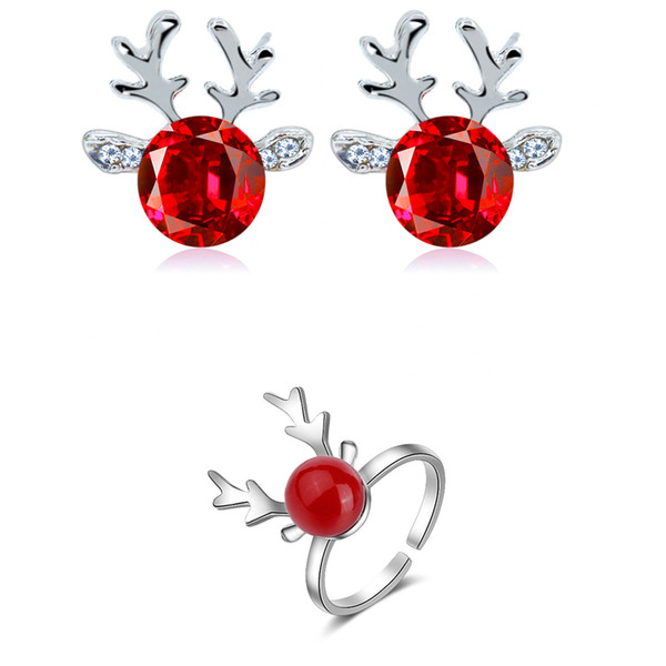 Classic Red Color Antler Pattern Stud Earrings and Rings Jewelry Sets for Women Different Color Cystal Fashion Jewelry Sets