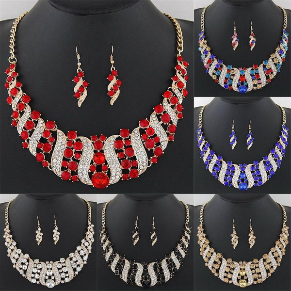 1 Set\u002F2 Pcs Jewelry Set Women Exaggerated Crystal Diamond Inlaid Choker Necklace Earring Set