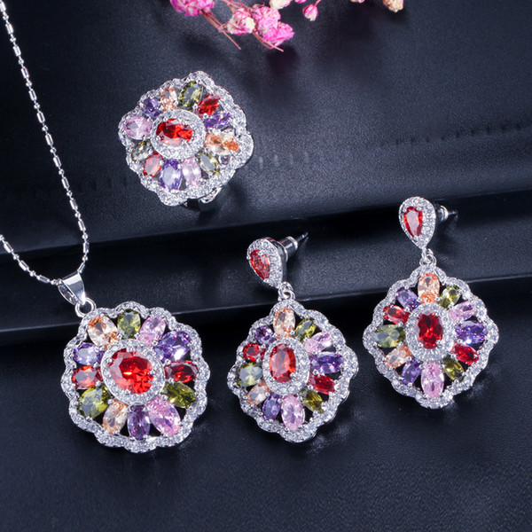 Glitter Necklace Earrings Ring Three Bridal Jewelry Set Cubic Zirconia Evening Prom Earrings Wedding Necklace Bridesmaid Gift Set