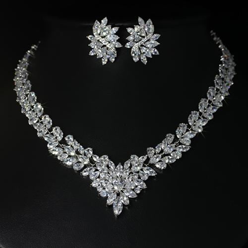 Top grade 18k white gold plated brilliant AAA CZ diamond flower wedding necklace and earring set