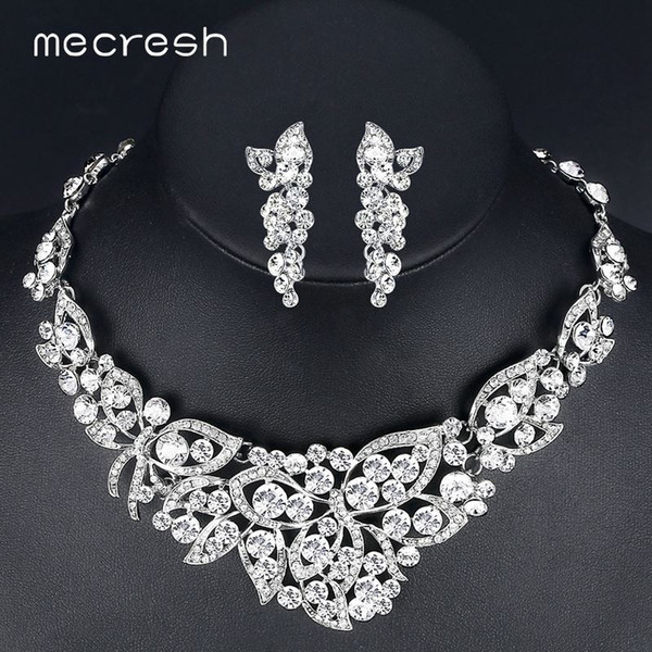 Mecresh Elegant Butterfly Crystal Bridal Jewelry Sets Gorgeous Silver Color Wedding Party Prom Necklace Earrings Sets TL354