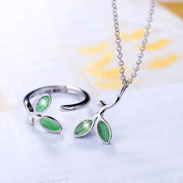 New Small Fresh Green Leaves Jewelry Sets Include Silver 925 Ring/Necklace Indian Jewelry Set Sterling Bijoux Fashion Jewelry For Women P282