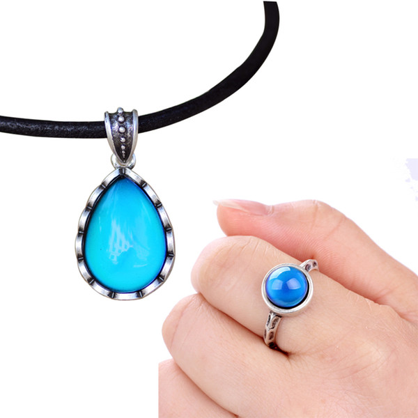 New Design Womens Fashion Mood Pendant Leather Chain Neckalce Color Change Silver Ring for Sale Best Jewelry Set