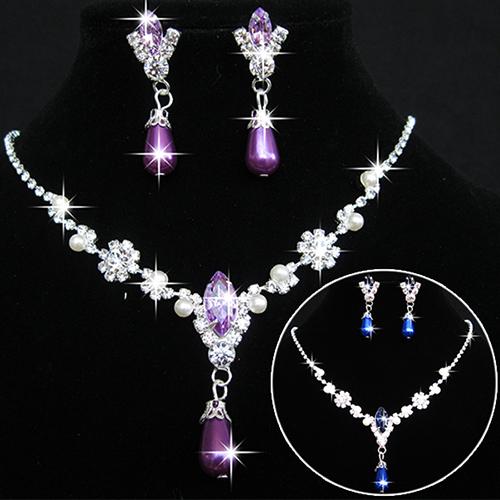 2015 Hot Wedding Faux Pearls Rhinestone Necklace Water Drop Earrings Jewelry Set