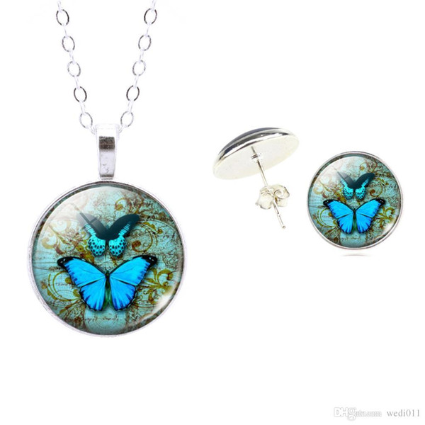 Sterling Silver Jewelry Set Butterfly Art Picture Glass Pendant Chain Necklace Earrings Set For Women Accessories Fine Jewelry