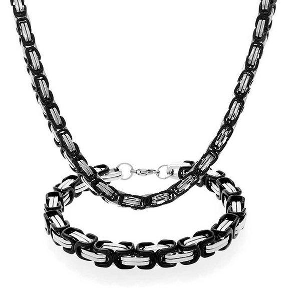 Stainless Steel Mens Two Tone Box Chain Bracelet Necklace Set