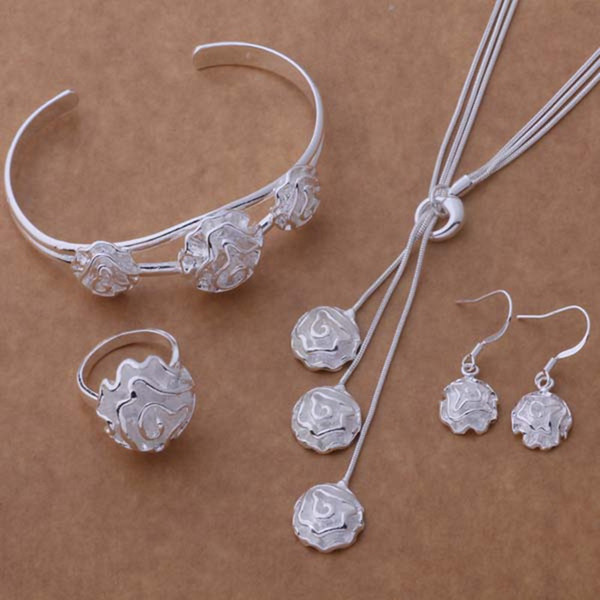 2018 new 925 silver plated sleek minimalist necklace earrings bracelet ring white rose four-piece set free shipping