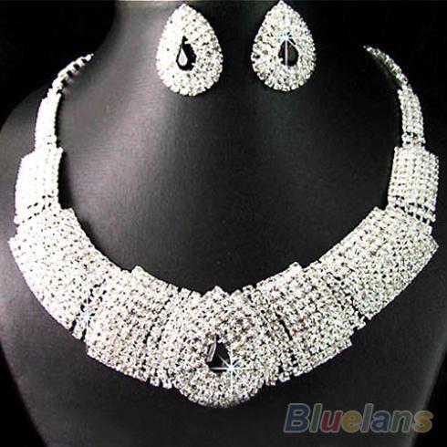 Wedding Party Bridal Black Diamante Crystal Necklace Earrings Set Jewelry Prom 04JC