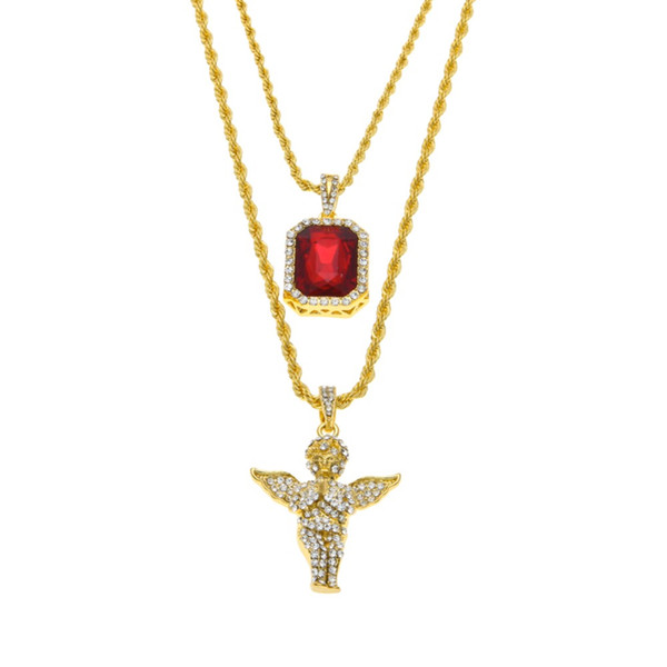 Mens Iced Out Ruby Jewelry Necklaces Set Brand Micro Ruby Angel esus Wing Pendant Hip Hop Necklace Male Wholesale