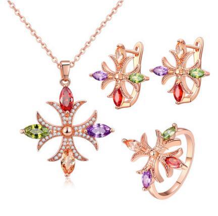 New Arrival - 3Pieces 1 Set Rose gold Cross s AAAA+ zircon pendants Ring Earring Jewelry sets Wedding Jewelry Set js0120