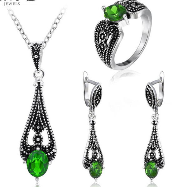 designer jewelry crystal jewelry sets old silver plated green crystal setting earrings necklaces rings for women hot fashion