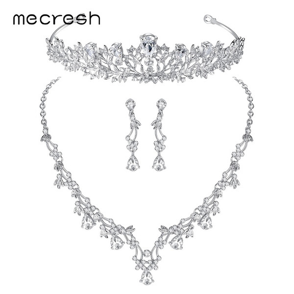 Mecresh Luxury Leaf-Shape Cubic Zirconia Bridal Jewelry Sets Crystal Wedding Necklace Earrings Tiara Sets Jewelry MTL500+HG126 D18101002