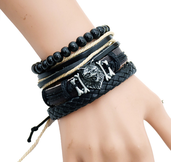 Fashion New Design Mens Bracelets Wolf Head Vintage Genuine Leather Bracelet Wristband Cuff Jewelry Set Free Shipping