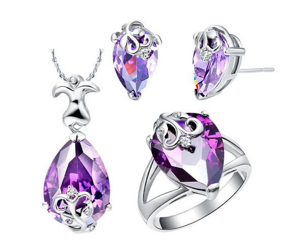 2018 New Fashion Women platinum plated purple drop shape crystal pendent necklace earrings ring set charm jewelry set accessory 1set