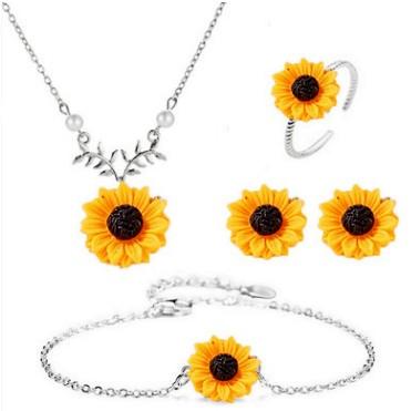 CREATIVE SUNFLOWER WOMEN PEARL NECKLACE RING CHAIN BRACELET EARRING 4IN1 JEWELRY SET FASHION NECKLACES EARRINGS RINGS BRACELETS SET JEWELRY