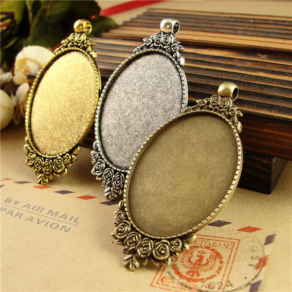 Fit 40*30MM DIY Rose flower oval metal stamping blank, vintage gold antique bronze pendant base, tibetan silver bezel cameo cabochon setting