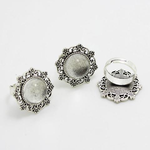 Sweet Bell Antique Silver Alloy Adjustable 25mm (Fit 15mm Dia) Ring Cabochon Settings + Clear Cabochons Glass J2026-1