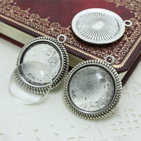 Sweet Bell Antique silver Alloy Cameo Setting Blanks 32*37mm(Fit 25mm) Round Pendant Setting+Clear Glass Cabochons A4126-2