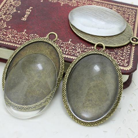 Sweet Bell Antique Bronze Alloy Cameo 35*50mm(Fit 30*40mm Diy) Oval Cabochon Pendant Settings + Clear Glass Cabochons D0358