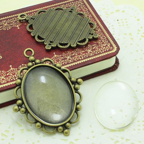 Sweet Bell Antique Bronze Oval 30*40mm Cabochon Pendant Settings + Clear Glass Cabochons D010