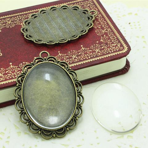 Sweet Bell Antique Bronze Oval 30*40mm Cabochon Pendant Settings + Clear Glass Cabochons D009