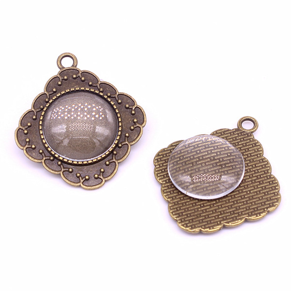 Sweet Bell Antique Bronze square Metal Alloy 20 mm Round Cameo Cabochon Settings + Clear Glass Cabochons D0068