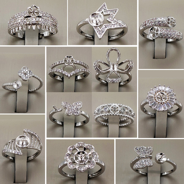 Wholesale Pearl Ring Settings Zircon Solid 925 Silver Ring Settings 16 Styles Ring for Women Mounting Rings Adjustable Blank DIY Jewelry Gif