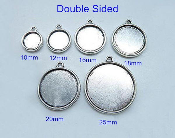 Antique Silver Double Sided Cabochon Base Settings,inside 10mm,12mm,16mm / 18mm / 20mm / 25mm Blank Pendant Tray