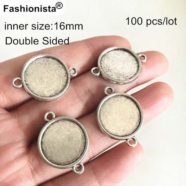 100 pcs Antique Silver DOUBLE SIDED Cabochon Base Settings,Inside 16mm Blank Pendant Tray,Round Bezel Cup Cameo Mountings