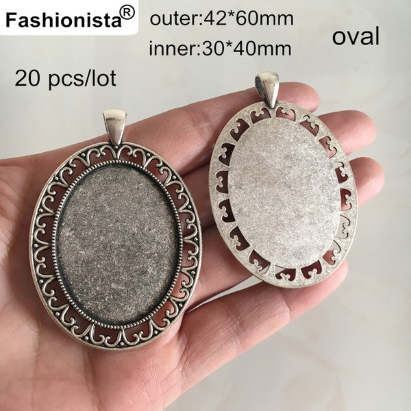 Fashionista - 20 pcs Large Oval Blank Pendant Tray,Fit 30*40mm Cabochon,Antique Silver Base Settings For Photo Charms