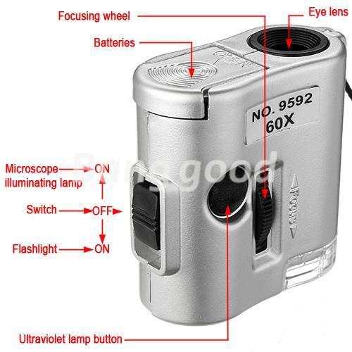 Brand New Mini Lens 60X Pocket Magnifier Microscope With LED Light Jewelry Jeweler Loupe Currency Dectector