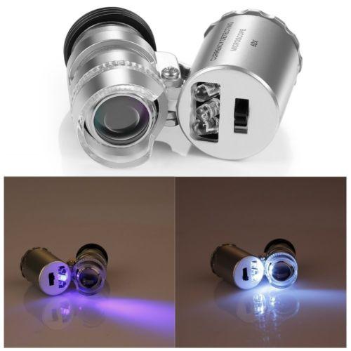 2 in 1 60X Mini Handheld Pocket Magnifier Microscope Loupe with LED light + UV Currency Detector Phone Jewelry