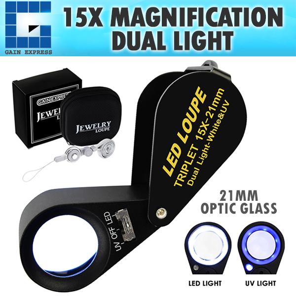 GEM-247 15x 21mm Optic Glass Loupe 6 LED & UV Light Magnifier Jeweler Foldaway Pocket Black Frame Achromatic Aplanatic Triplet Lens Magnifyi