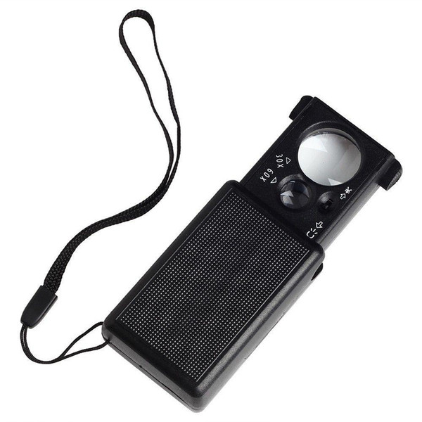 9881 Hot new item !30X 60X Pocket Magnifier Microscope Jewelry Loupe Glass LED UV Currency Light magnifying glass lamp Free shipping for DHL