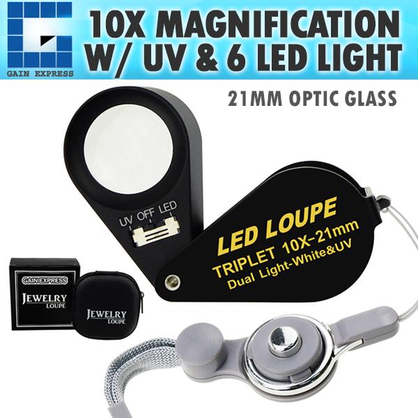 GEM-246 10x 21mm Loupe Jeweler Magnifier LED UV Light Triplet Lens Magnifying Gem Optical Tool Achromatic Aplanatic Foldaway Pocket