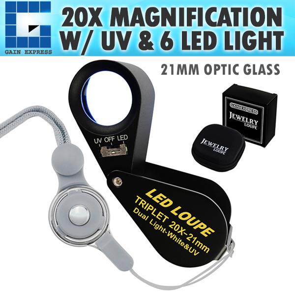 GEM-248 20x Loupe 21mm Optical Glass Magnifier 6 LED Light & UV Light Mini Magnification Jeweller Black Frame Achromatic Triplet Lens