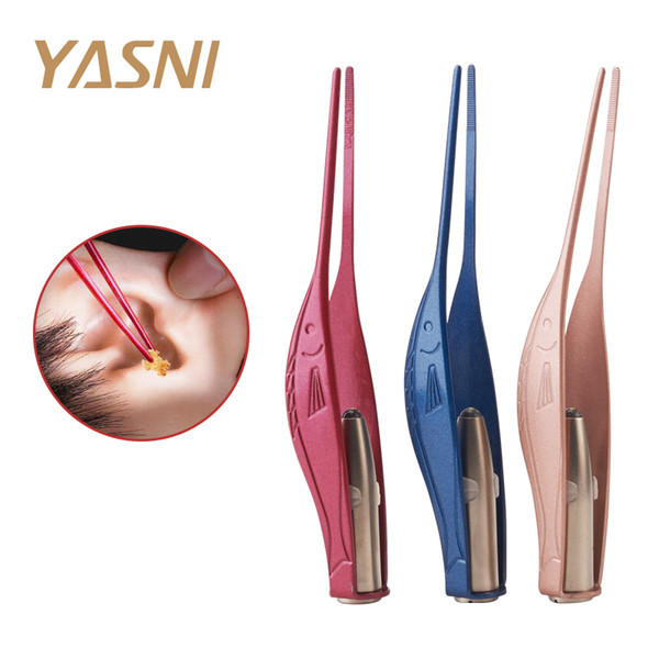 Hot Sell LED Flashlight EarPick Clean Tweezers Tool Ear Nose Navel Stainless Steel Tweezers Earwax Removal Care FS114