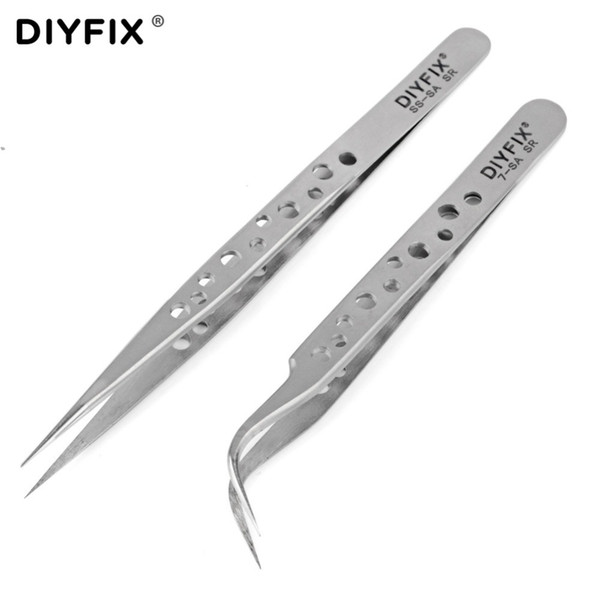 DIYFIX Electronics Industrial Tweezers Anti-static Curved Straight Tip Precision Stainless Forceps Phone Repair Hand Tools Sets