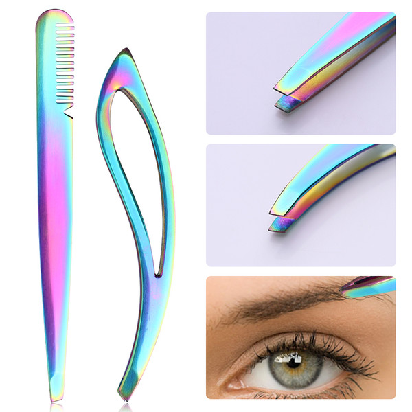 1 Pc Rainbow Stainless Steel Eyebrow Tweezer Flat Tip Eyelash Clip Face Hair Remover Makeup Tool