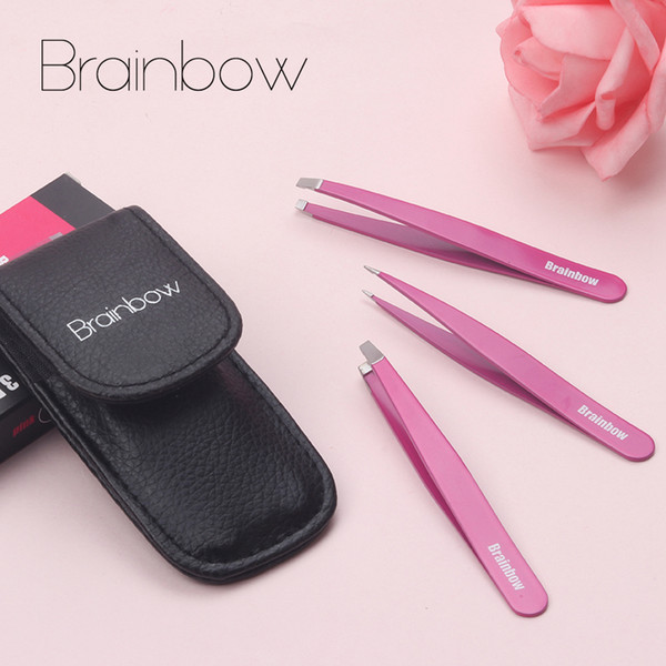 Brainbow 3pcs Eyebrow Tweezer Set Stainless Steel Slant Tip/Point Tip/Flat Tip Eyes Tweezers For Face Hair Removal Make Up Tools